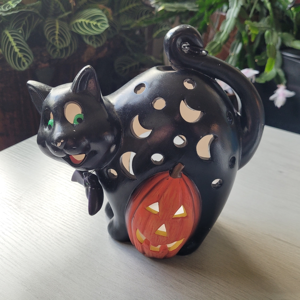 Vintage Black Cat and Pumpkin Hanging Tea Light Lantern
